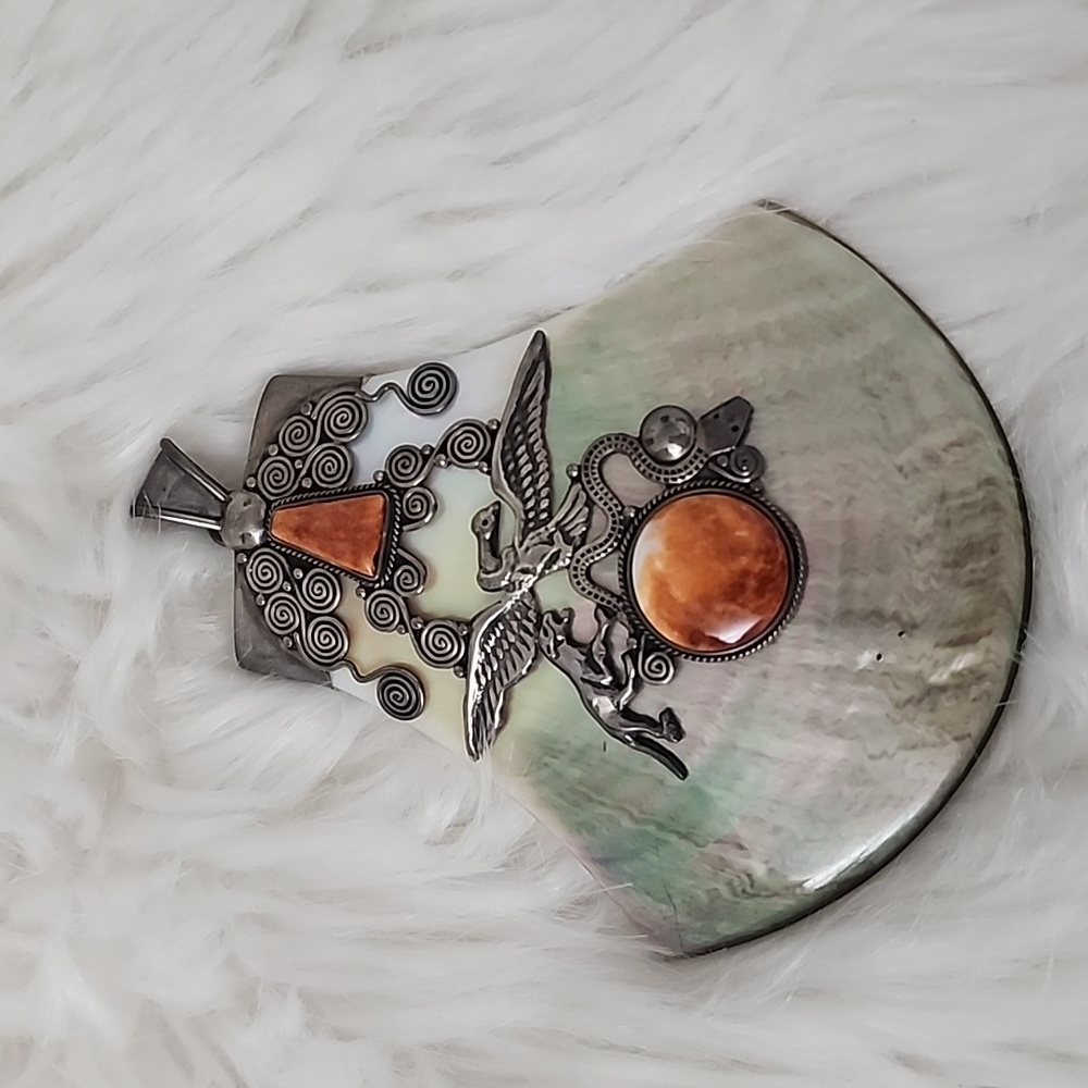 Artisan Silver Winged Pegasus Shell Pendant with Amber Accent